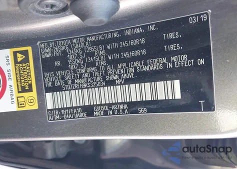 2019 Toyota Highlander Le Plus z USA, uszkodzony, nr VIN 5TDZZRFH9KS325034